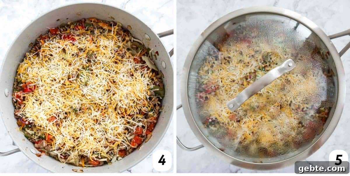 One-Skillet Stuffed Cabbage Casserole Recipe for Quick Weeknights 5 Two panel grid of process shots 4-5 - adding cheese to pot and covering to cook.