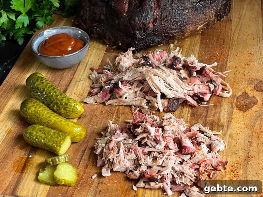 How to Smoke Pork Shoulder (Pork Butt) to Tender Perfection 10 Chopped and shredded smoked pork butt on a cutting board with pickles and barbecue sauce.