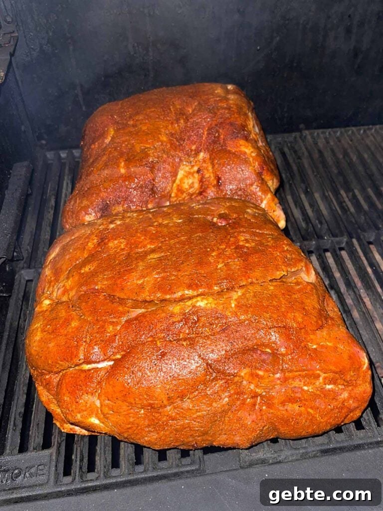 How to Smoke Pork Shoulder (Pork Butt) to Tender Perfection 7 Two pork butts just placed into the smoker.