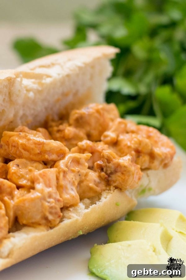 Chipotle Shrimp Salad on a gluten free baguette with avocado