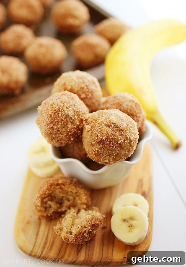 Baked Cinnamon-Sugar Banana Donut Holes – These soft, buttery banana bites are SO easy and pair perfectly with your morning coffee!
