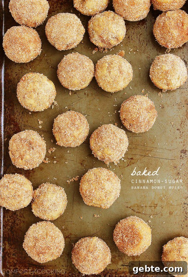Baked Cinnamon-Sugar Banana Donut Holes – These soft, buttery banana bites are SO easy and pair perfectly with your morning coffee!