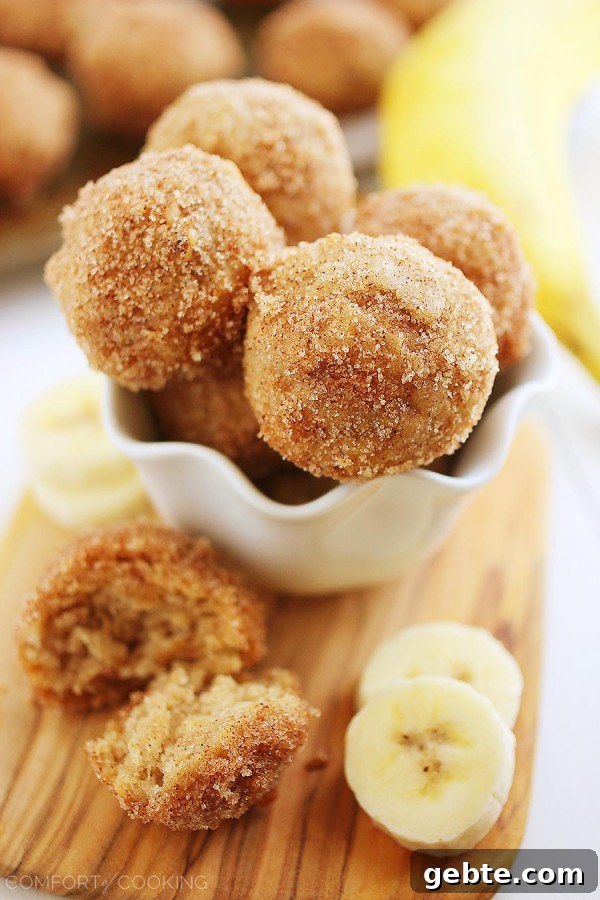 Baked Cinnamon-Sugar Banana Donut Holes – These soft, buttery banana bites are SO easy and pair perfectly with your morning coffee!