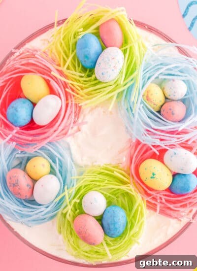 Top view of the Easter Trifle showing the next grass and eggs inside.