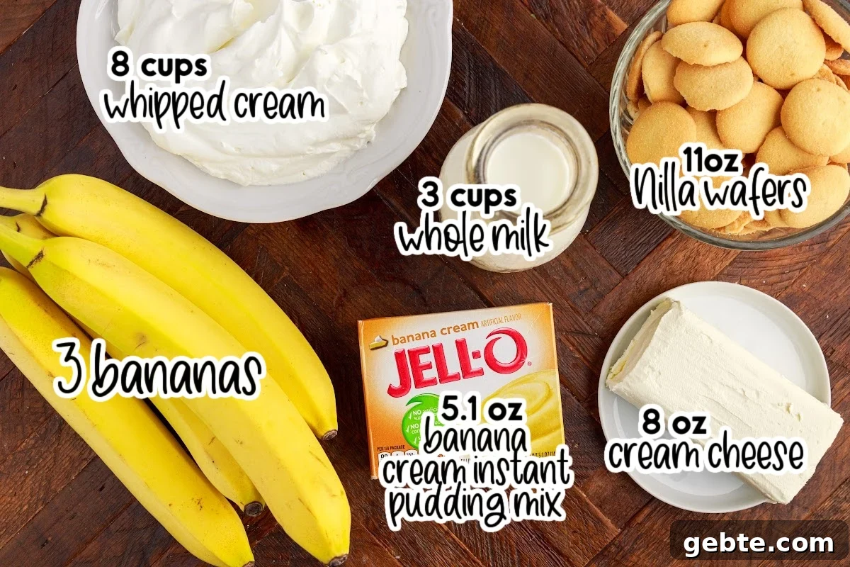 Creamy Banana Pudding Trifle Recipe for Parties and Potlucks 3 Ingredients needed to make Banana Pudding Trifle with text overlay.