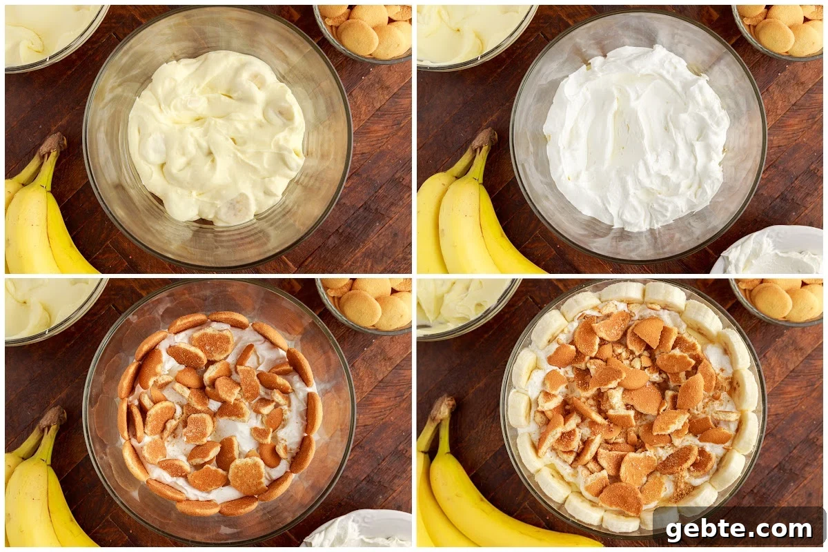 Creamy Banana Pudding Trifle Recipe for Parties and Potlucks 9 Four images of the Banana Pudding Trifle being assembled.