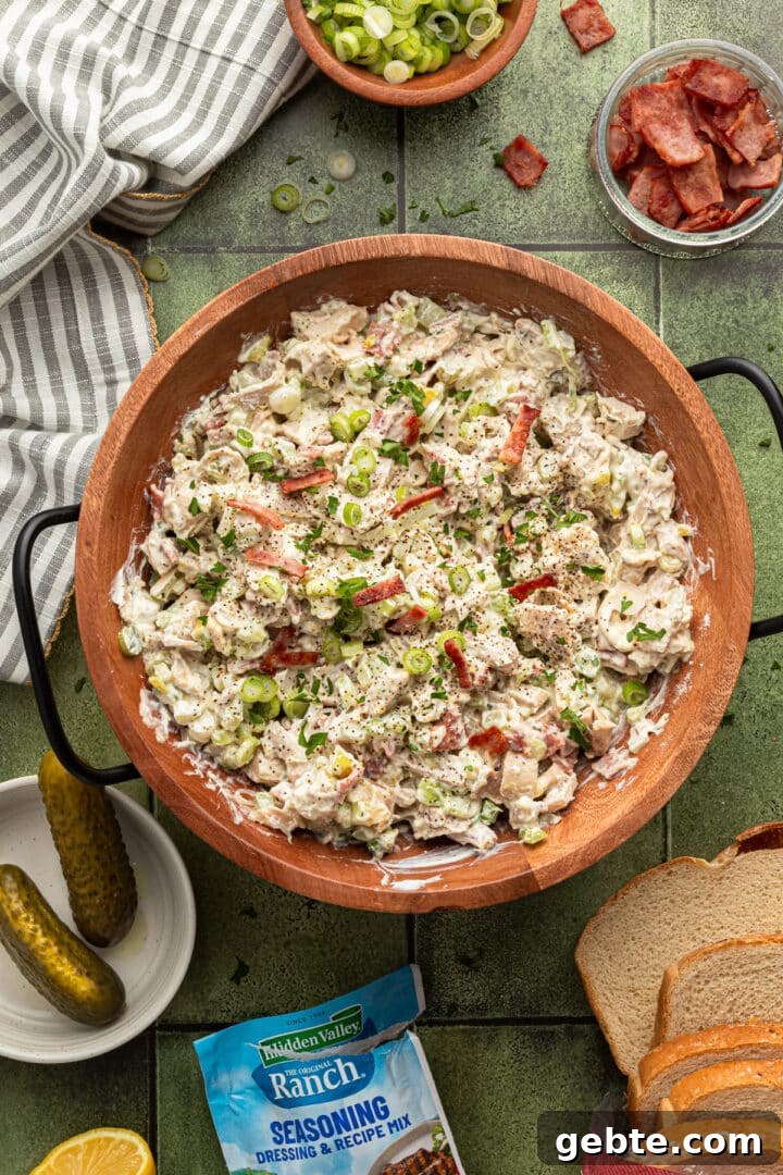 Creamy Ranch Chicken Salad Recipe for Lunch or Meal Prep 5 Ranch chicken salad in a large wooden bowl.