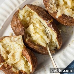 air fryer baked potatoes with butter and a fork on a plate.