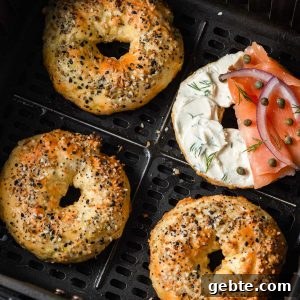 air fryer everything bagels in the air fryer basket.