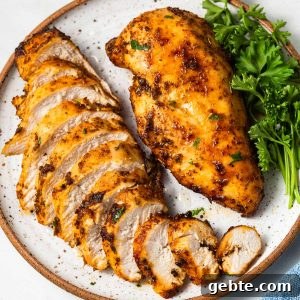 sliced chicken breast cooked in the air fryer on a plate
