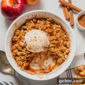 air fryer apple crisp with vanilla ice cream.