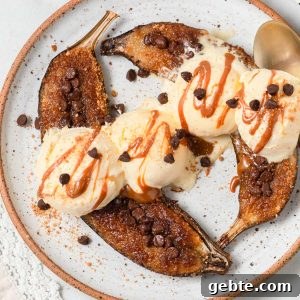 air fryer caramelized banana on a plate with ice cream.