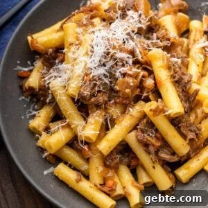 Genovese-Style Pasta with Slow-Cooked Onion Sauce 5 Grey plate with pasta alla Genovese topped with grated parmesan cheese.