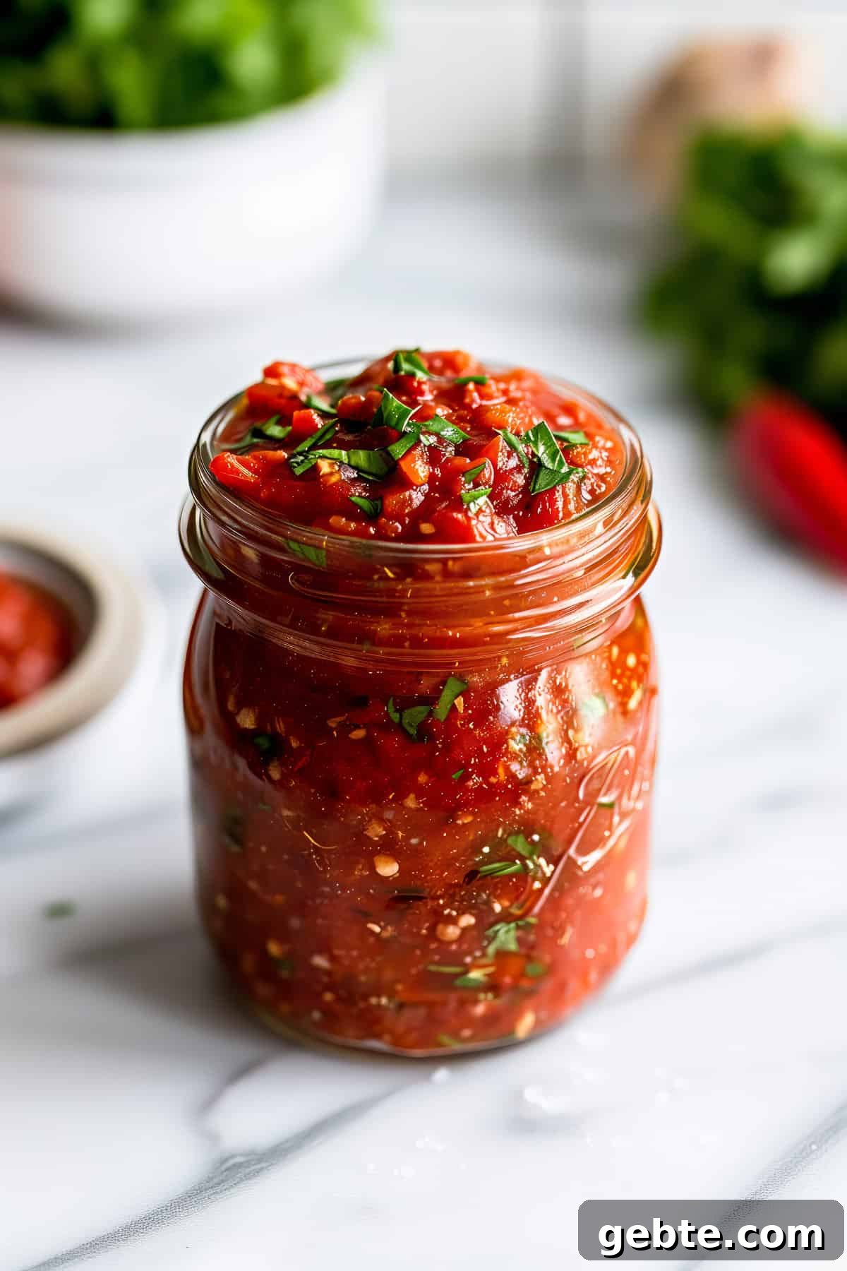 Homemade Arrabbiata pasta sauce in a glass jar.