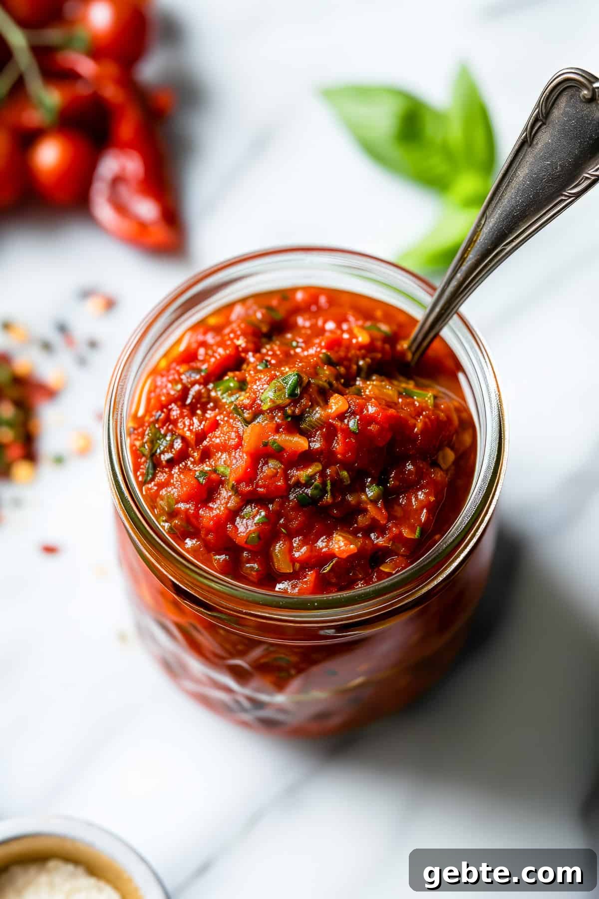Homemade Arrabbiata pasta sauce in a glass jar.