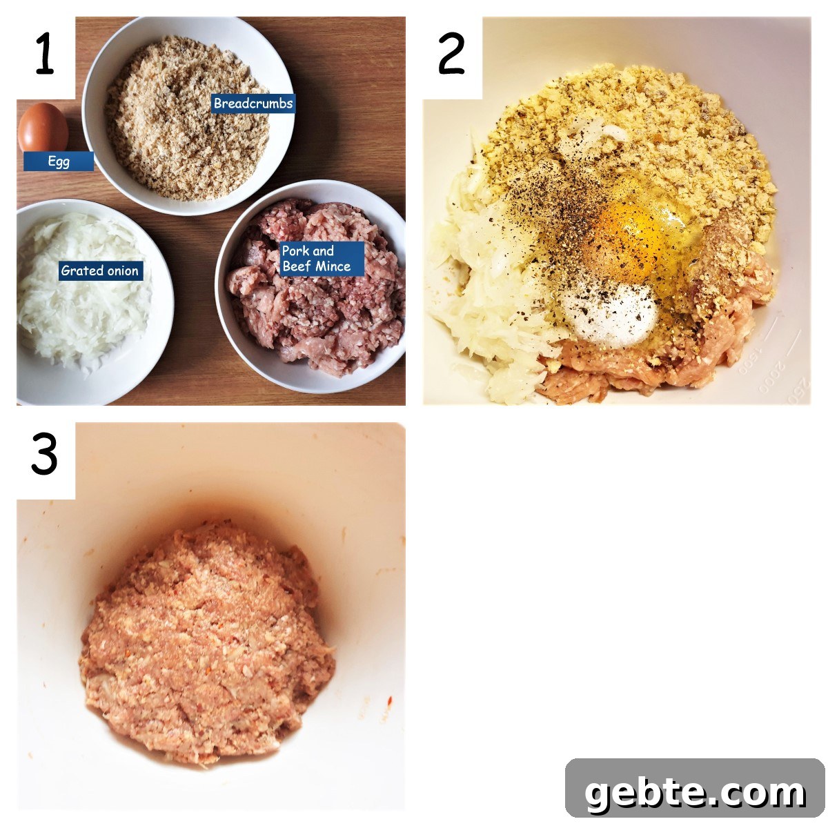 Bacon-Wrapped Meatloaf with Homemade Tomato Sauce 4 Collage showing steps to mix meatloaf.