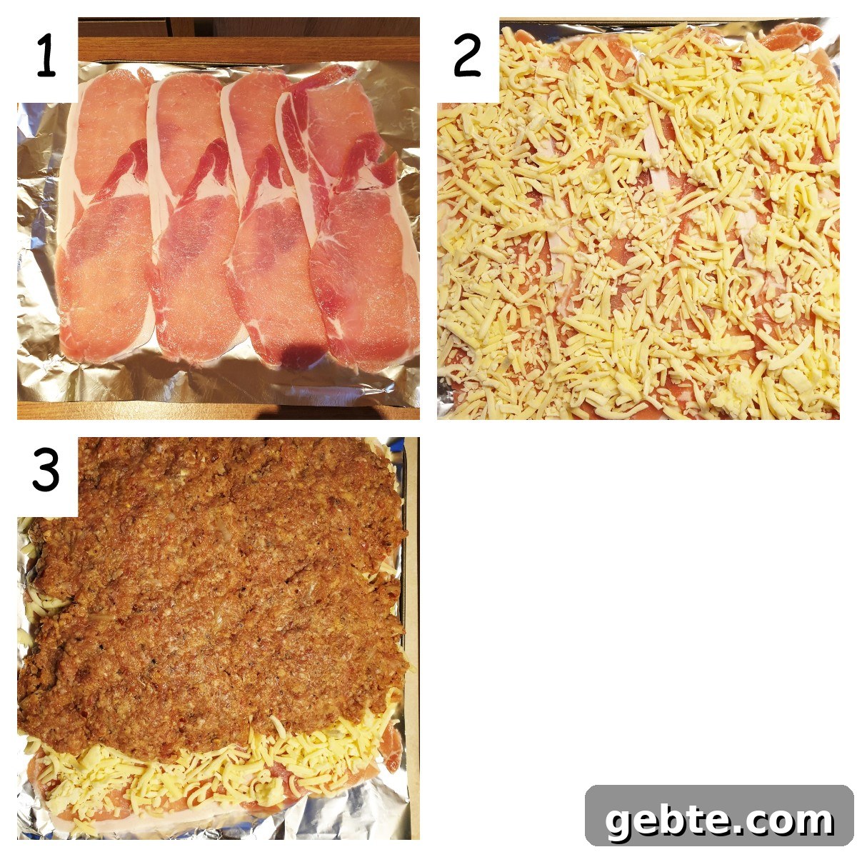 Bacon-Wrapped Meatloaf with Homemade Tomato Sauce 5 Collage showing meatloaf being rolled in cheese and bacon.