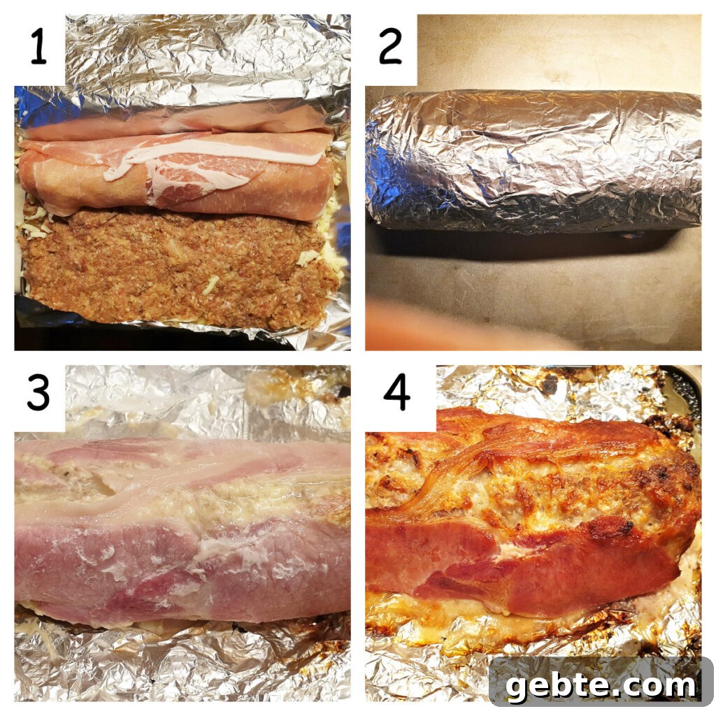 Bacon-Wrapped Meatloaf with Homemade Tomato Sauce 6 Collage showing meatloaf being wrapped and baked.