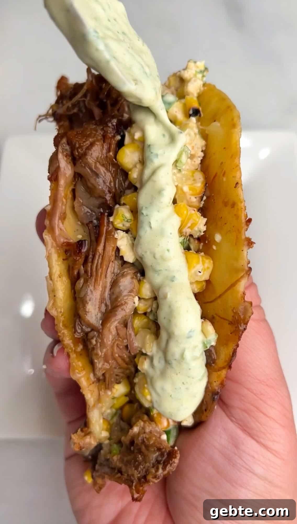 A hand holding a brisket taco