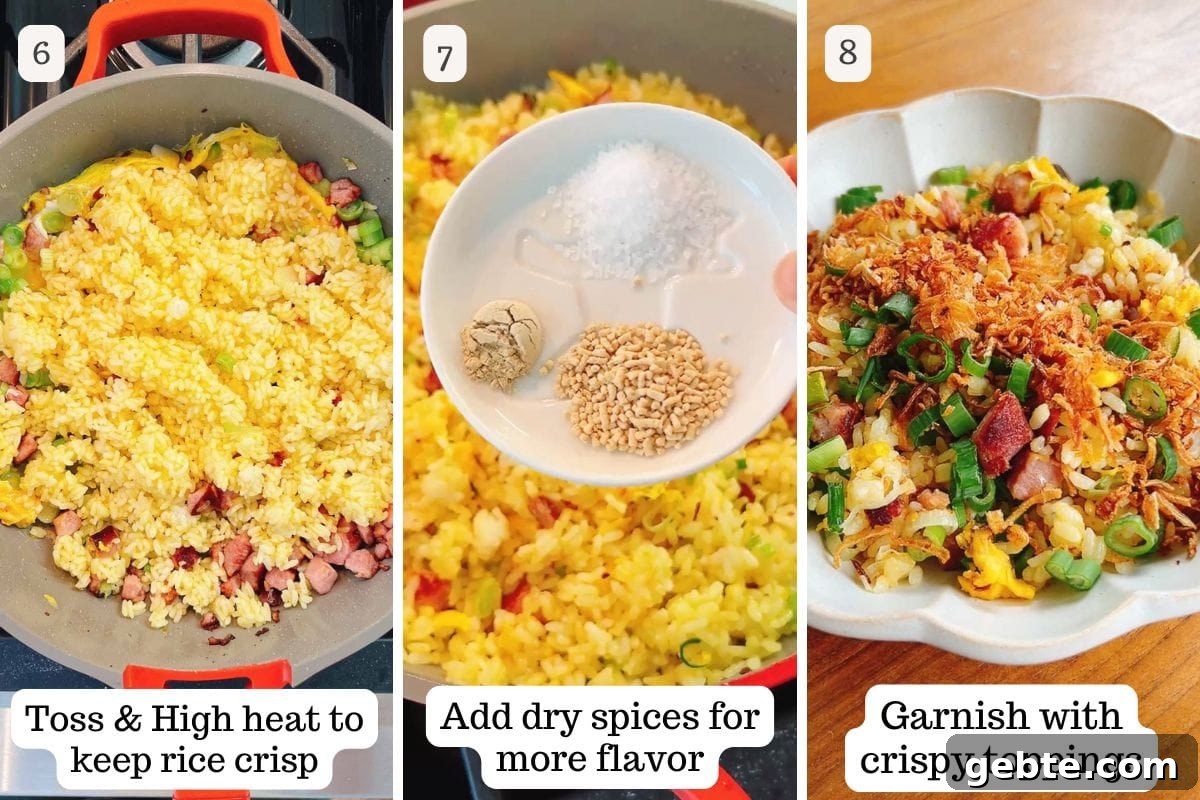 Person demos stir frying rice grains to crisp, seasoning it for more flavor.