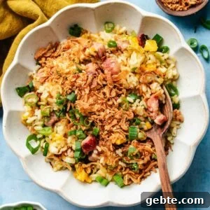 Recipe image shows an overhead image of golden fried rice with fluffy rice grains, eggs, bacon bits, and crispy shallots, served over a white color bowl.