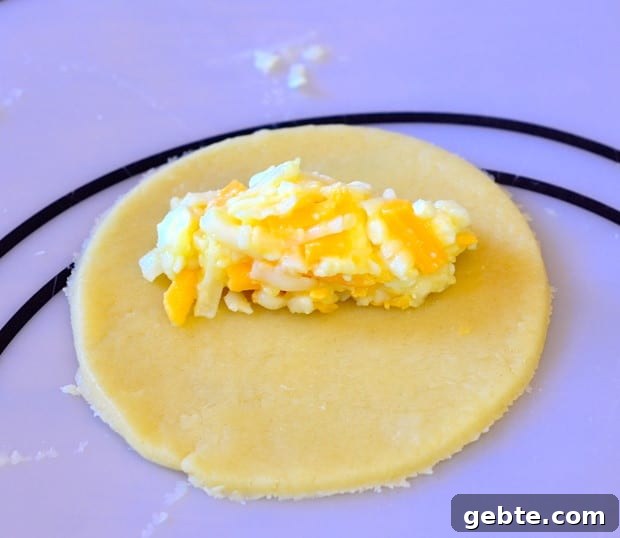 circle boureka dough cutout with cheese filling on top