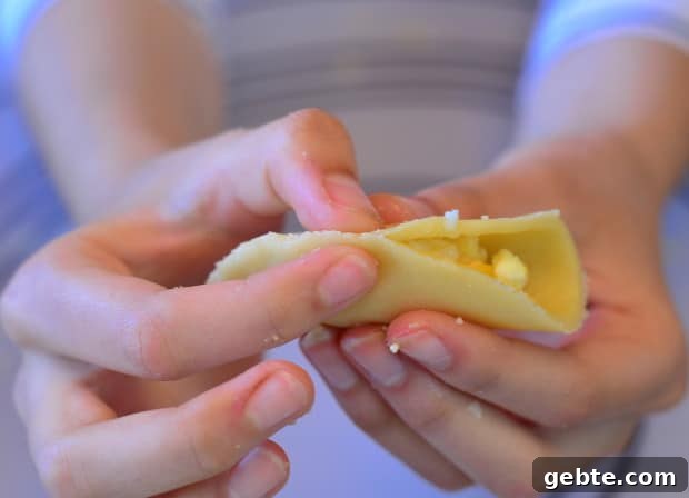 circle boureka dough cutout with cheese folded in half and ends pinched closed