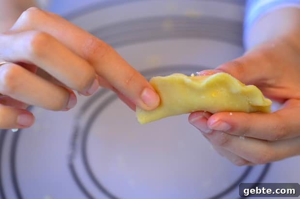 circle boureka dough cutout with cheese folded in half and ends pinched closed