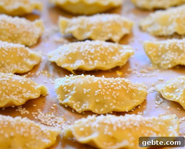 cookie sheet full of cheese stuffed bourekas with sesame seeds on top