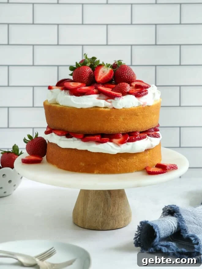 strawberry shortcake layer cake on cake stand