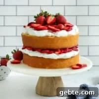 strawberry shortcake layer cake on cake stand