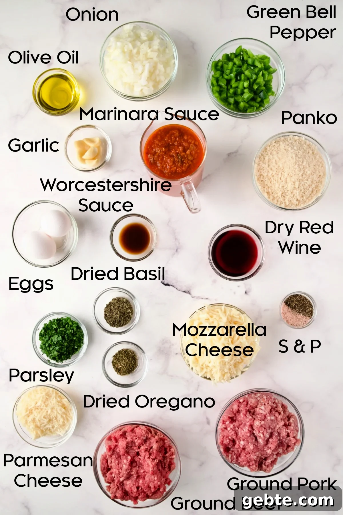Ingredients for Italian Meatloaf in glass bowls.