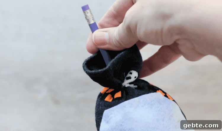 Pencil sticking out of sock gnome top.