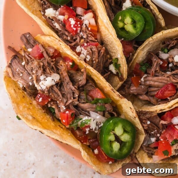 A plate of shredded beef tacos
