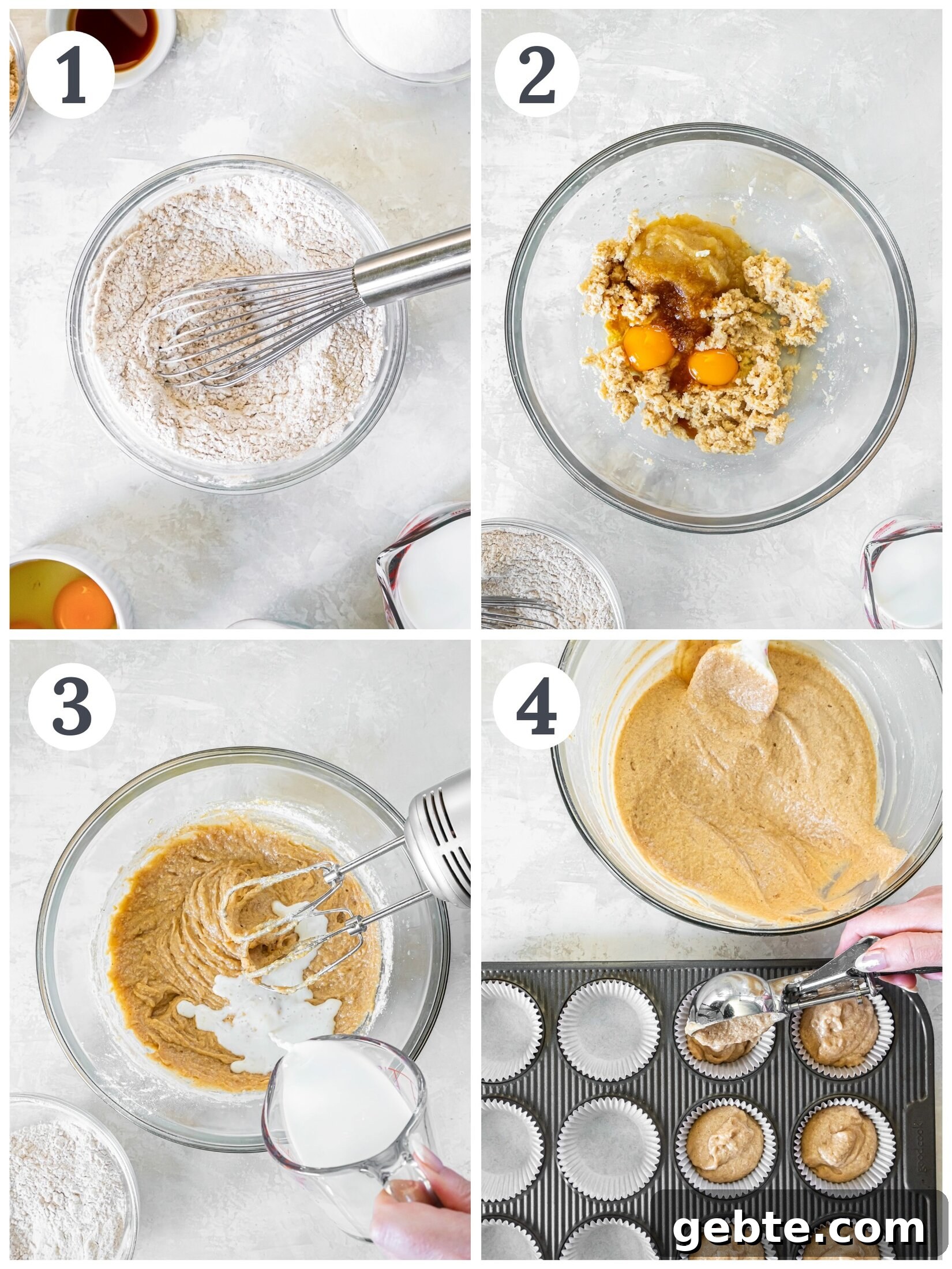 Maple Cream Cheese Frosted Spice Cupcakes 4 Mixing batter and transferring batter to a muffin pan.