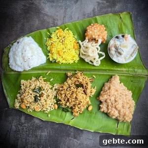 South Indian festival food served on banana leaf