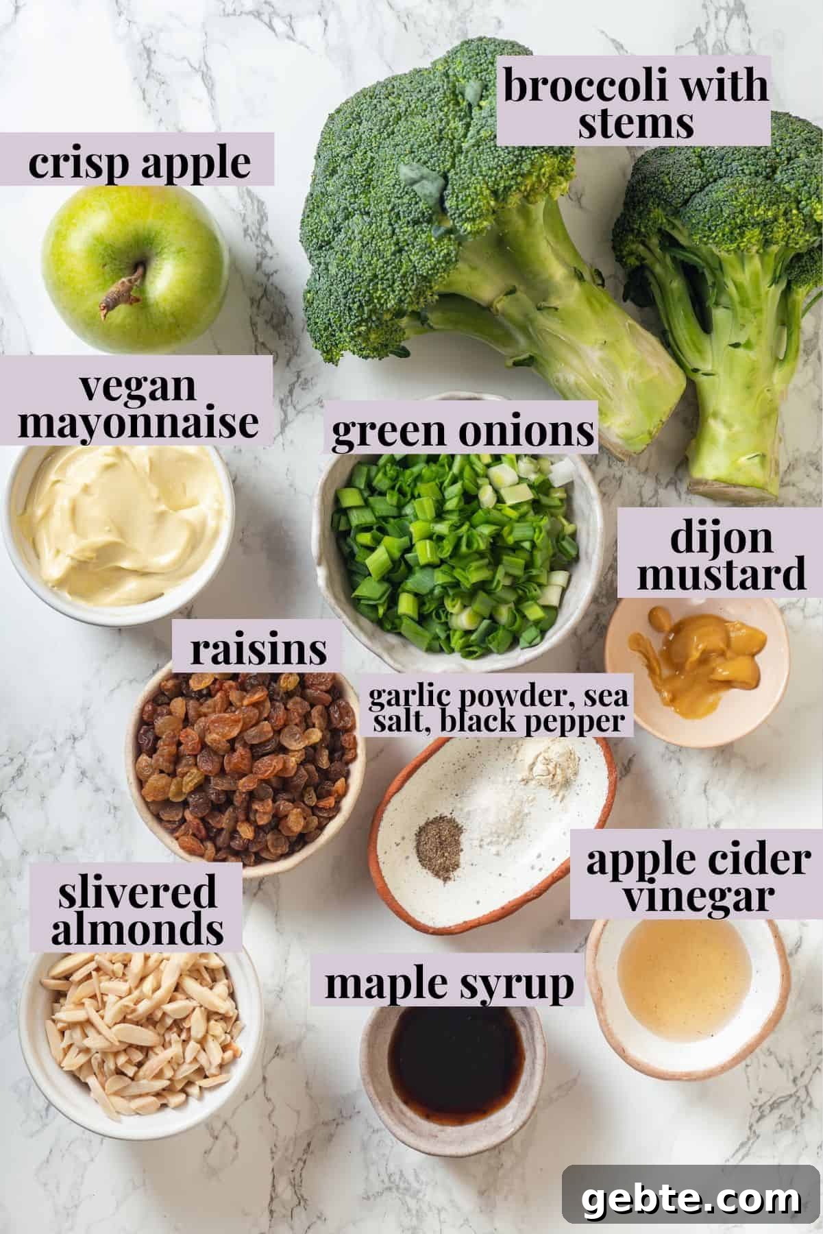 Overhead view of ingredients for broccoli slaw