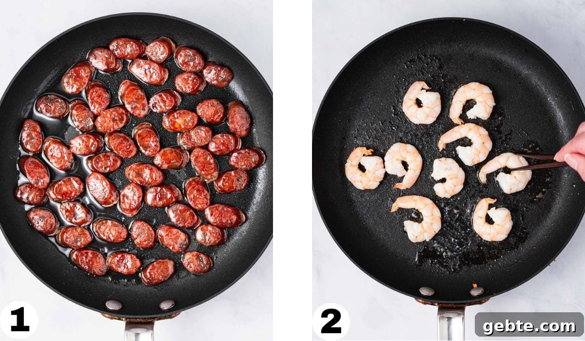 Process step of frying Chinese sausages and cooking shrimp.