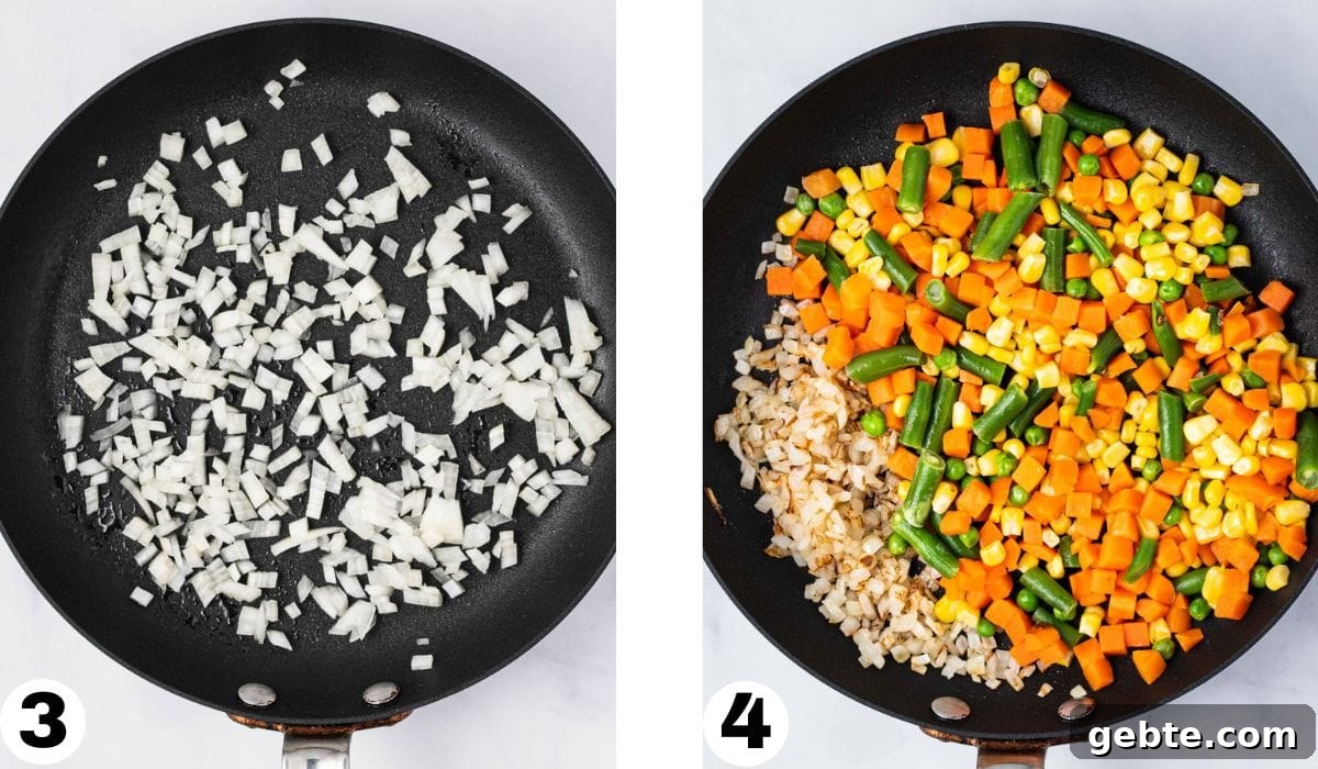 Process steps of sautéing onions and mixed vegetables.