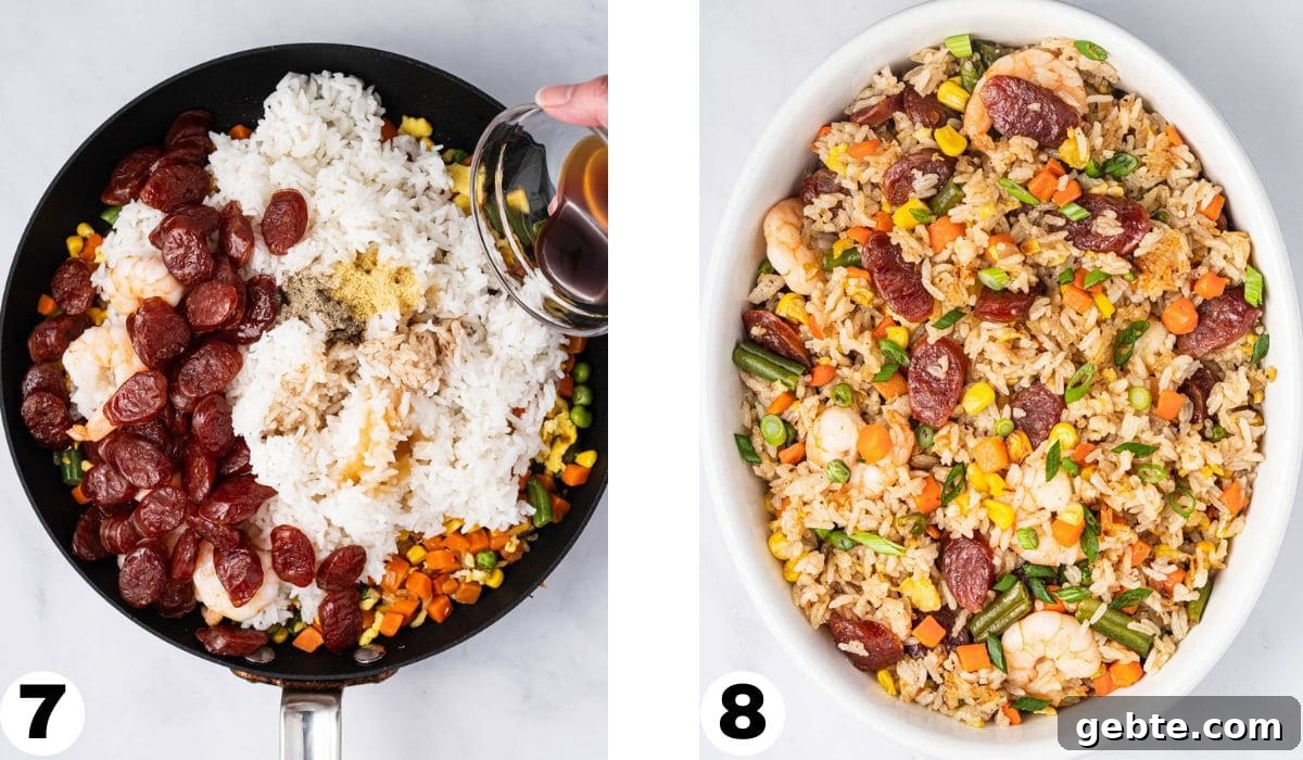 Process shot of adding all the ingredients together for the fried rice.