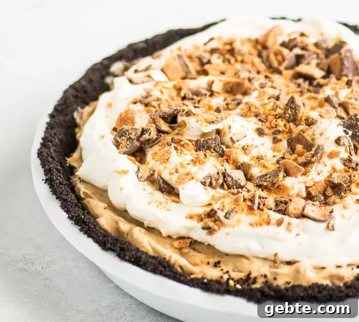 Decadent Butterfinger Pie Recipe: Chocolate-Peanut Butter Layered Pie 2 three-quarter angle photo of finished pie