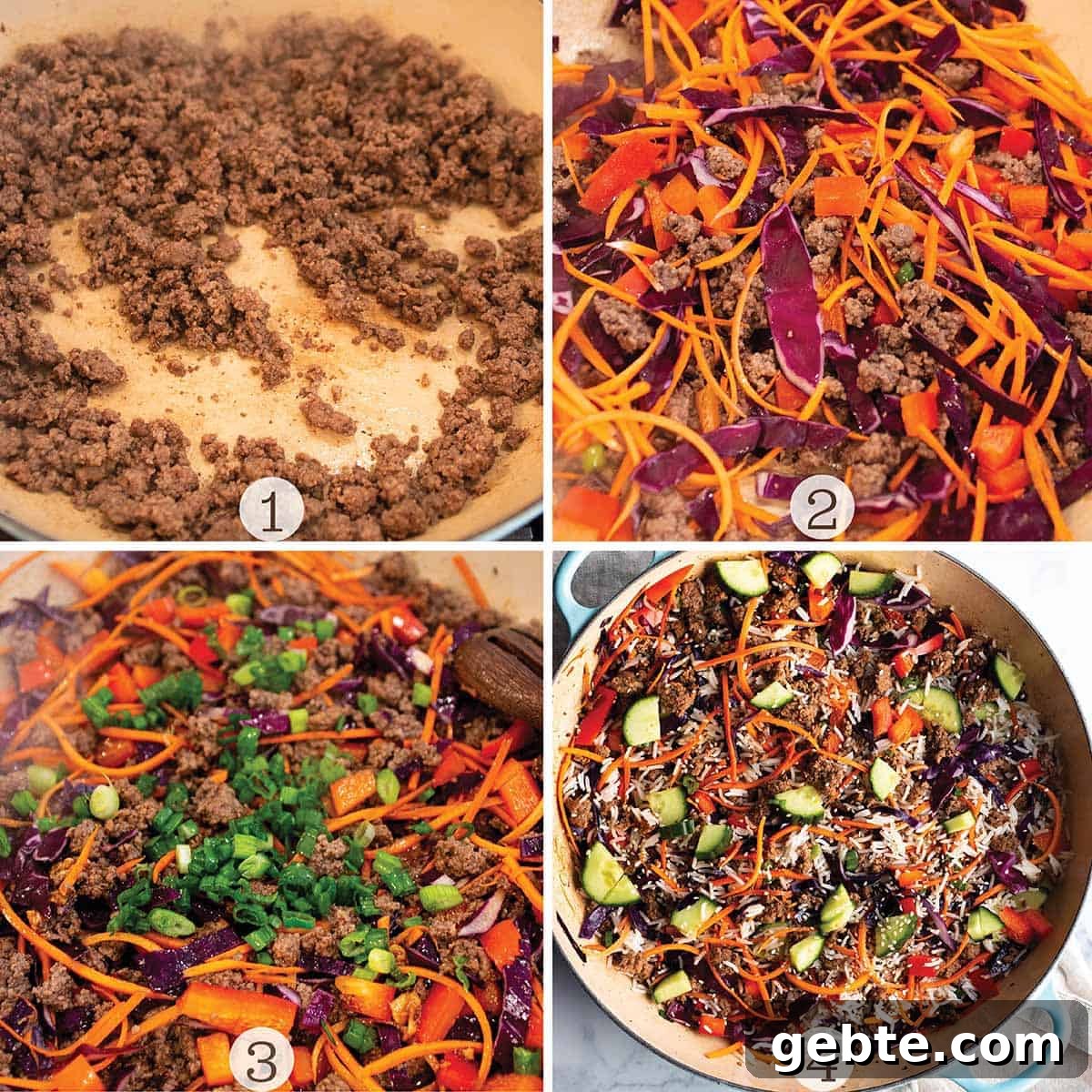 Four images of a pan making beef and veggies.