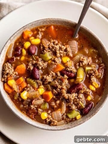 A bowl of soup filled with ground beef and veggies.