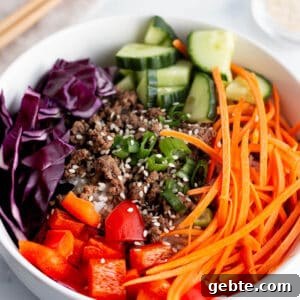 A bowl full of rice, ground beef, julianne carrots, cucumbers, cabbage and red peppers.