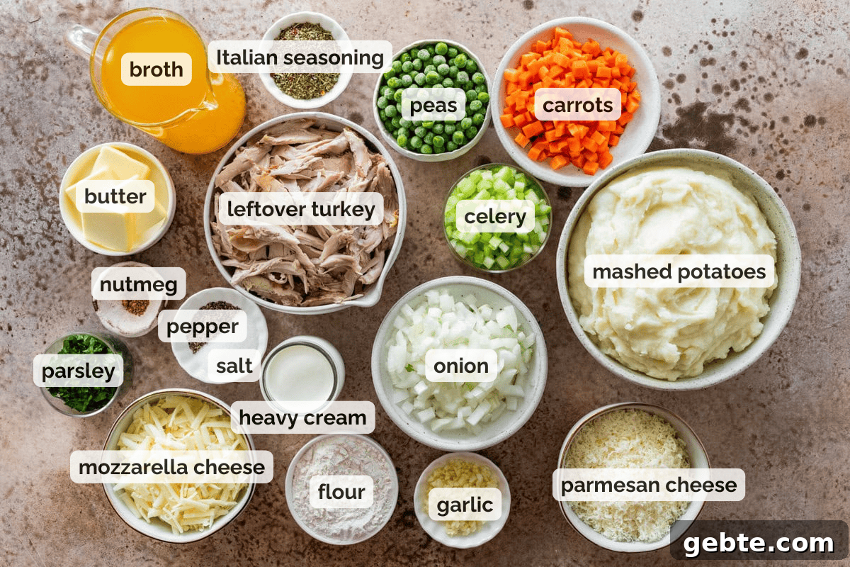 Hearty Turkey Shepherd's Pie Recipe for Comforting Weeknight Dinners 6 Recipe ingredients for turkey Shepherd's pie.
