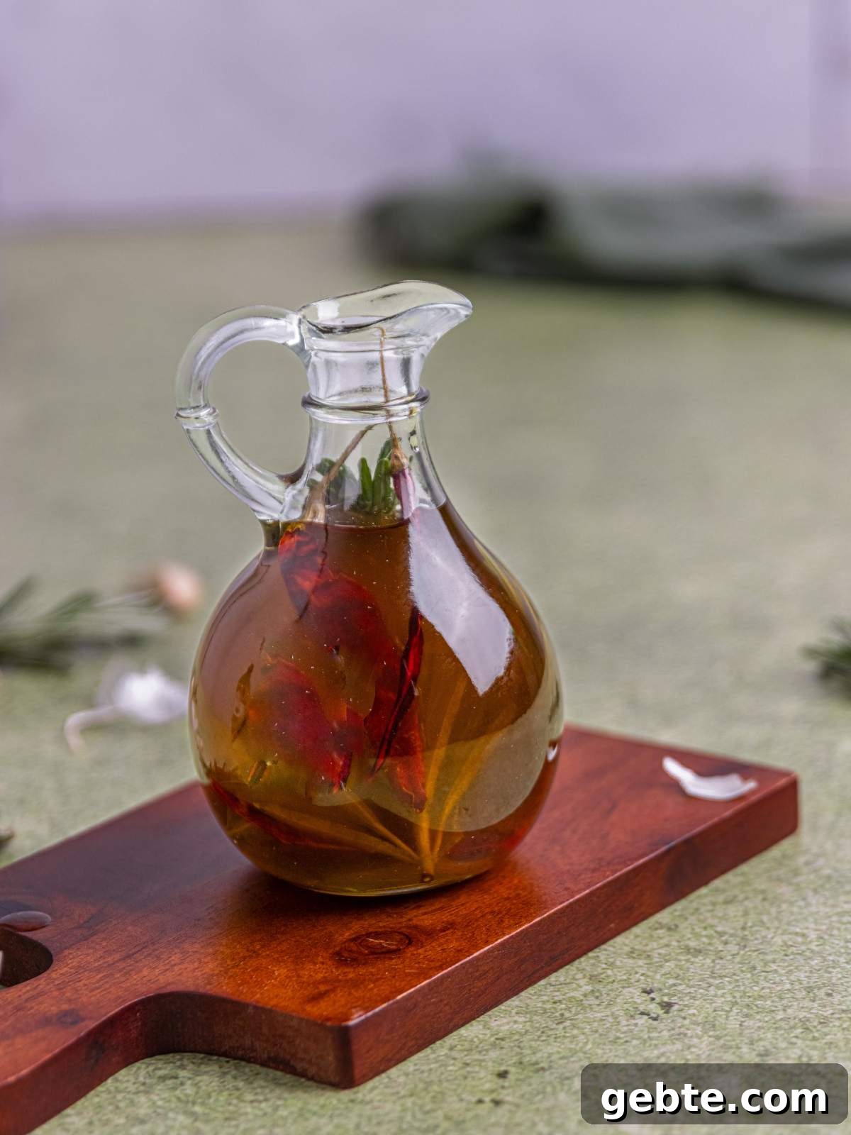 How to Make Garlic-Infused Olive Oil at Home 5 Olive oil in a bottle with garlic and chili peppers.
