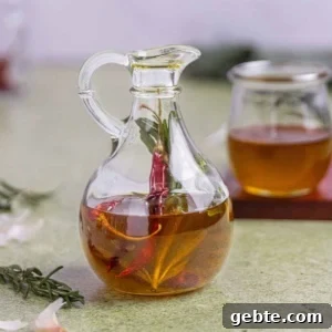 How to Make Garlic-Infused Olive Oil at Home 6 garlic infused olive oil in an oil jar on a flat surface.