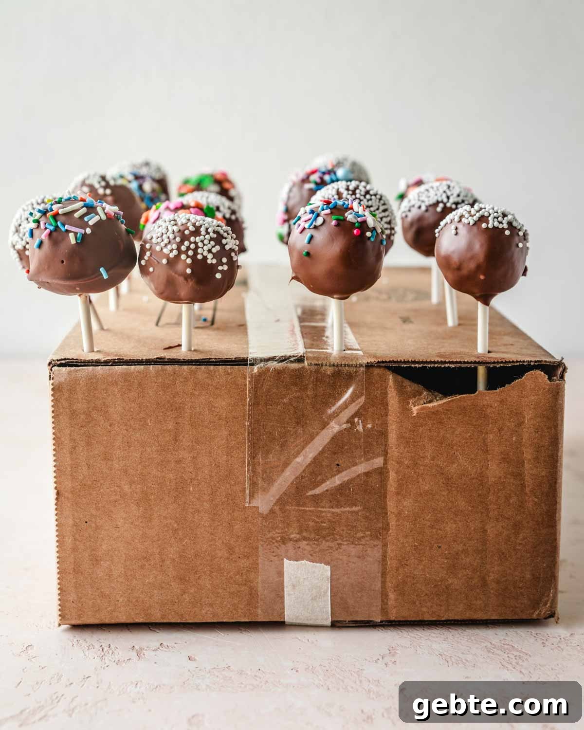 Strawberry Vanilla Cake Pops Recipe for Perfect Party Treats 7 Vanilla strawberry cake pops in a makeshift cake pop holder to allow the chocolate to set.