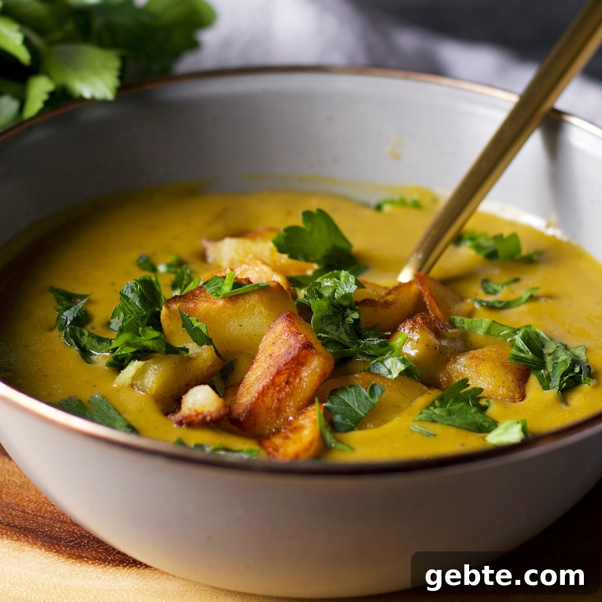 A bowl of creamy vegan broccoli cheese soup topped with crispy fried potatoes.