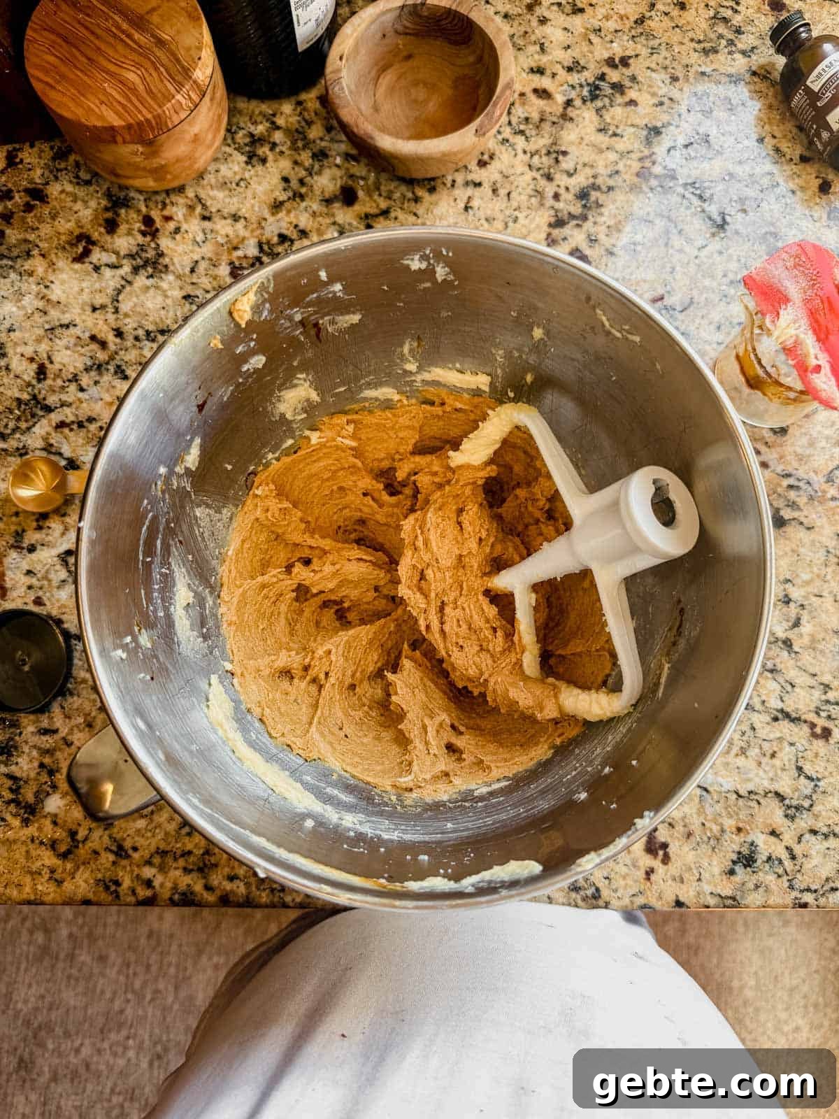 Gingerbread Latte Cookies Recipe — Cozy Spiced Coffee Cookies 6 gingerbread latte cookie dough in a stand mixer with the paddle attachment.